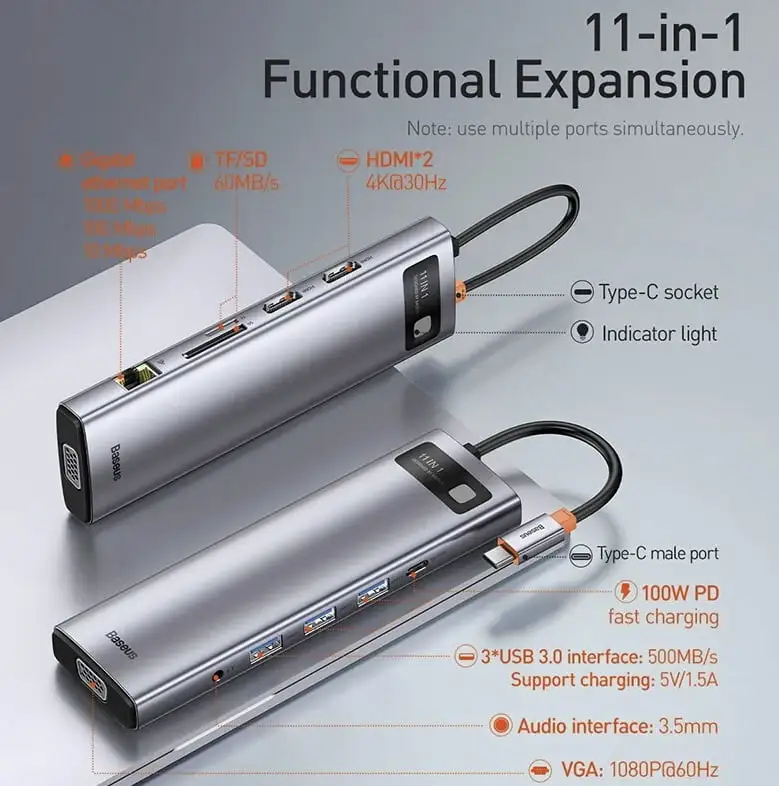 Baseus 11-in-1 USB-C Hub with HDMI, VGA, PD 100W, RJ45, Audio, and SD/TF Ports