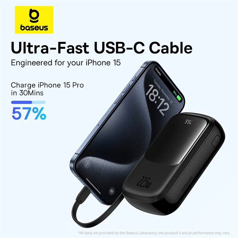 Baseus QPOW Pro+ 20000mAh Power Bank with Built-in USB-C Cable – 22.5W Fast Charging for iPhone 15 and USB-C Devices