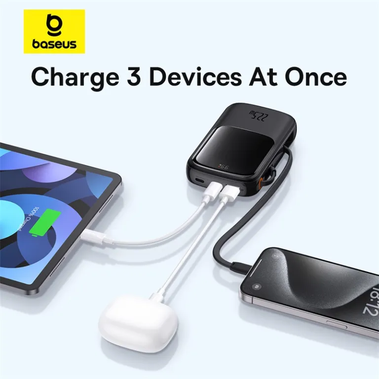 Baseus QPOW Pro+ 20000mAh Power Bank with Built-in USB-C Cable – 22.5W Fast Charging for iPhone 15 and USB-C Devices