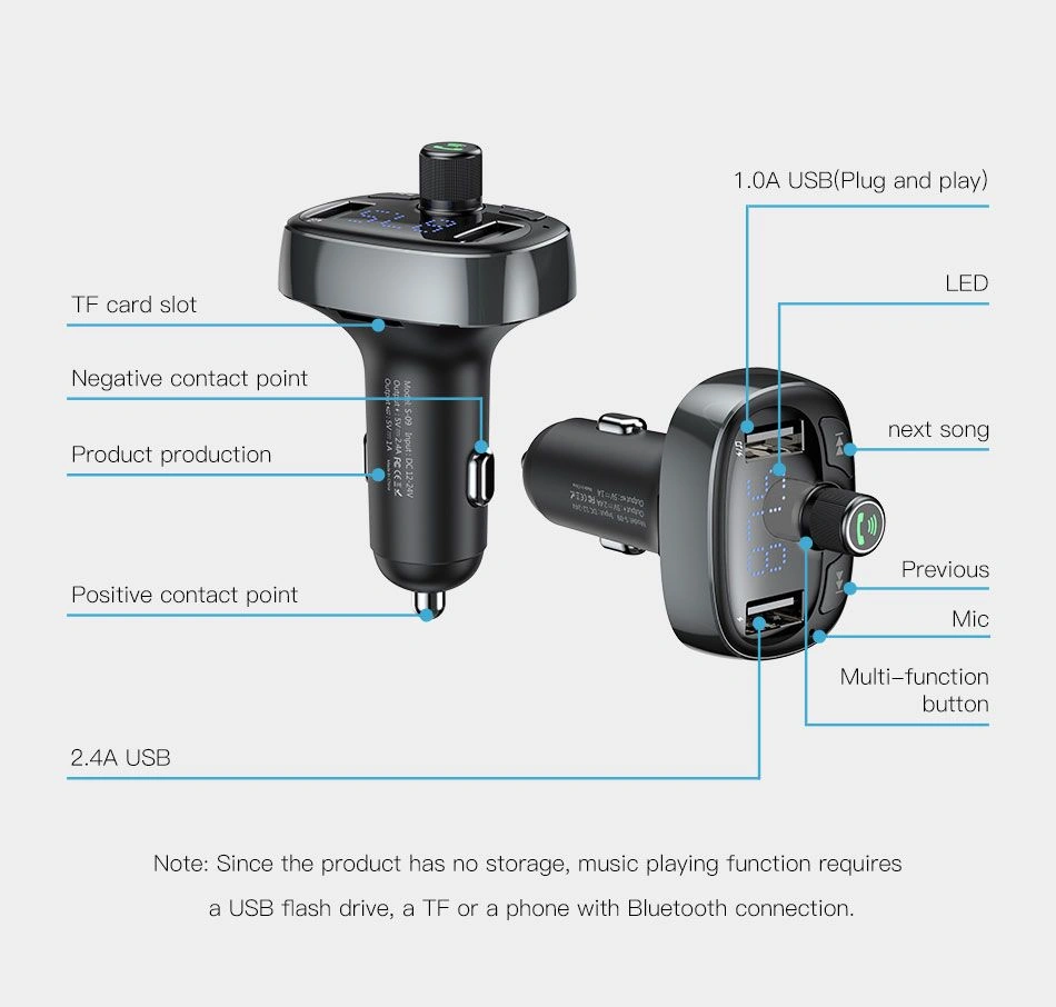 Baseus S09 T-Type Bluetooth Car Charger with FM Transmitter, Dual USB Ports, Handsfree Call, and MP3 Playback