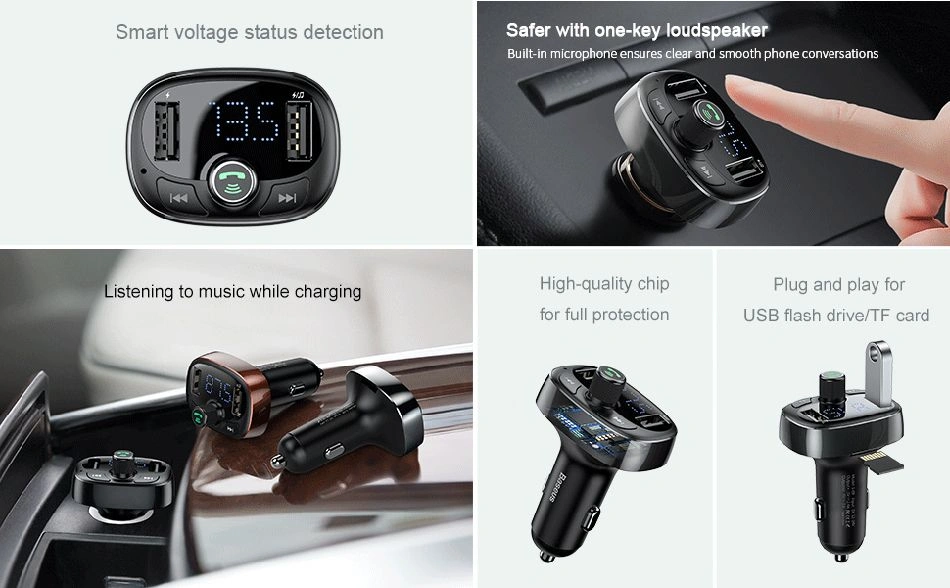 Baseus S09 T-Type Bluetooth Car Charger with FM Transmitter, Dual USB Ports, Handsfree Call, and MP3 Playback