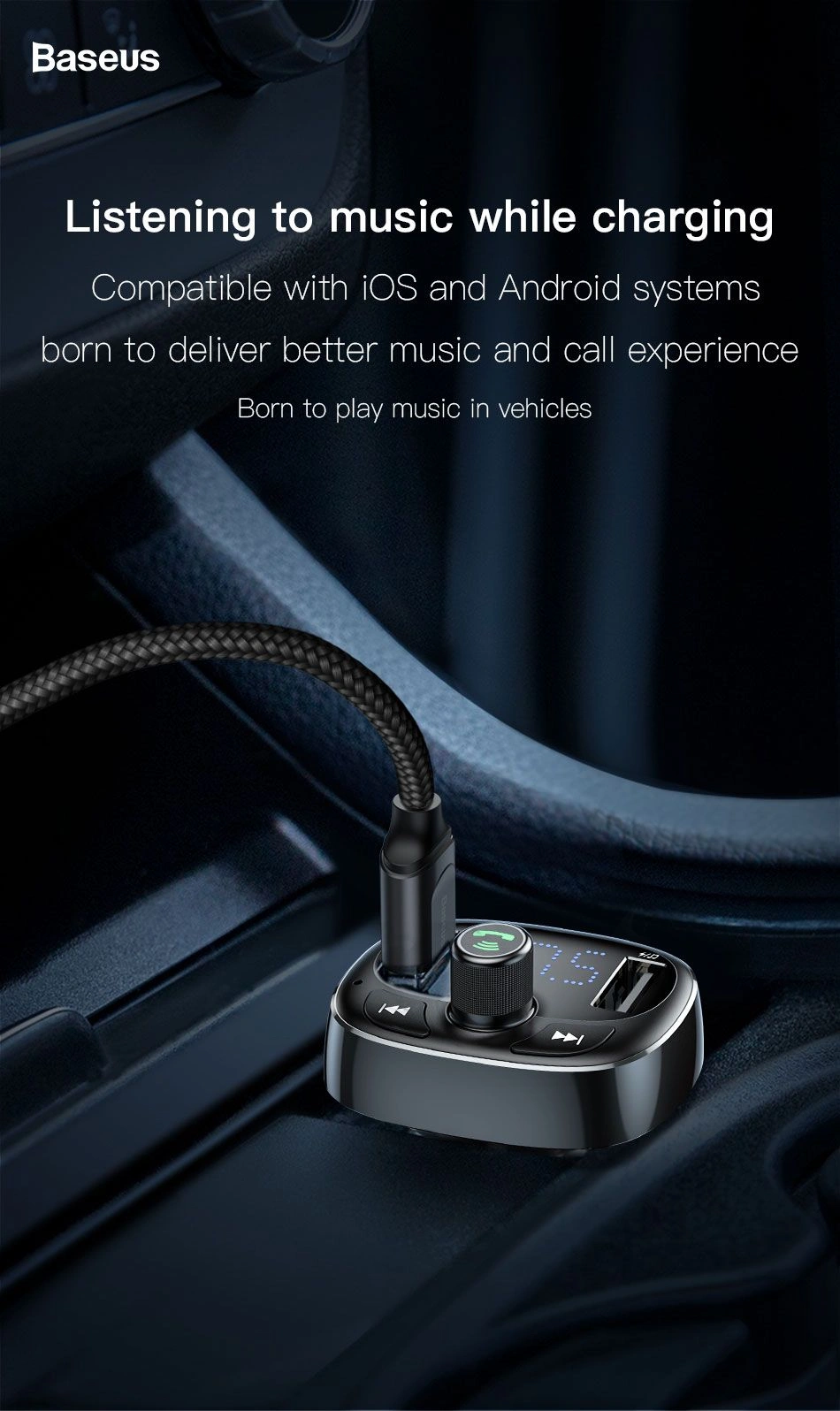 Baseus S09 T-Type Bluetooth Car Charger with FM Transmitter, Dual USB Ports, Handsfree Call, and MP3 Playback


