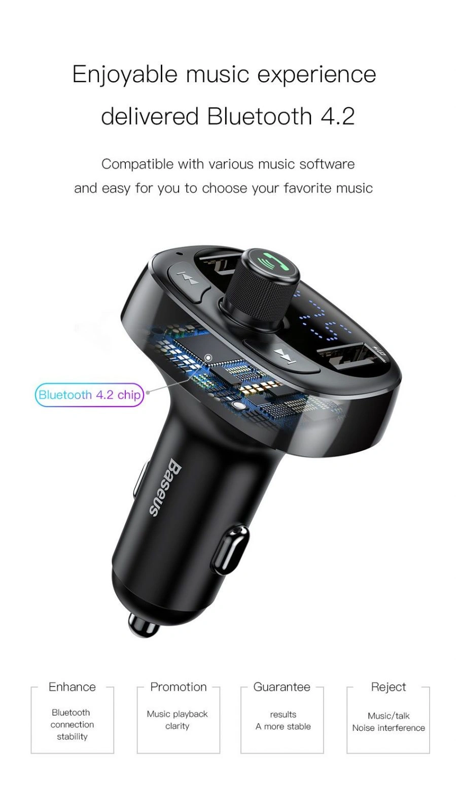 Baseus S09 T-Type Bluetooth Car Charger with FM Transmitter, Dual USB Ports, Handsfree Call, and MP3 Playback

