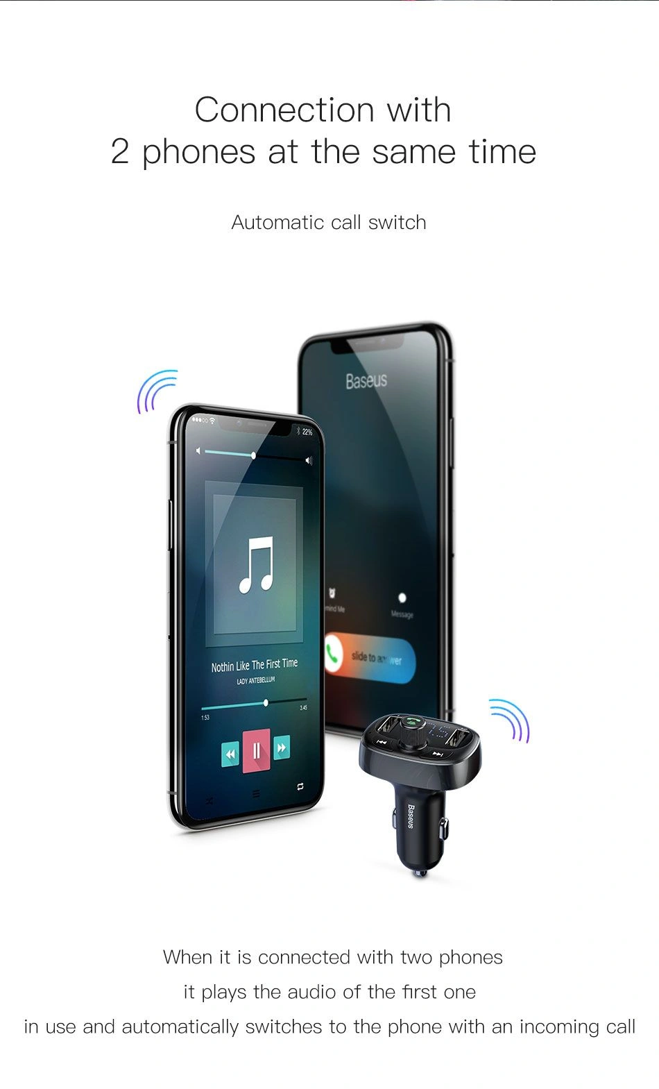 Baseus S09 T-Type Bluetooth Car Charger with FM Transmitter, Dual USB Ports, Handsfree Call, and MP3 Playback