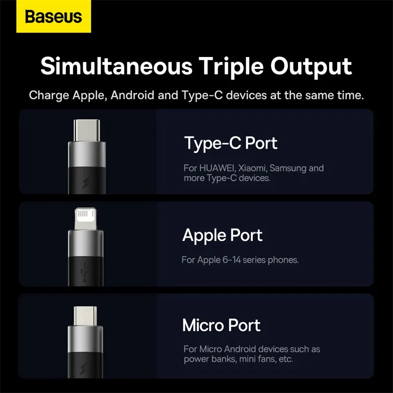 Baseus StarSpeed 3-in-1 Fast Charging Data Cable USB to Lightning Type-C Micro USB 0.6m Black