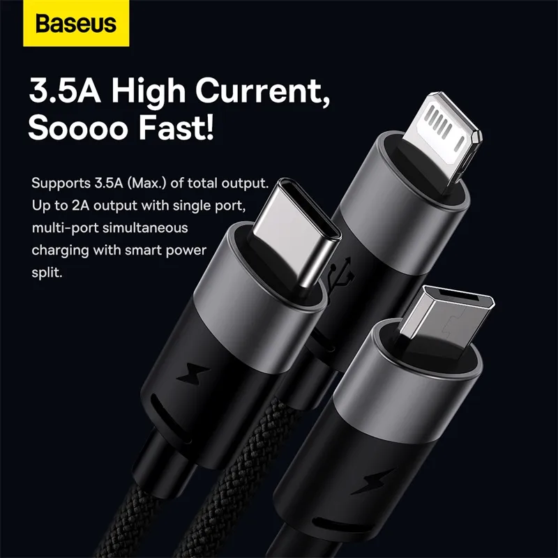 Baseus StarSpeed 3-in-1 Fast Charging Data Cable USB to Lightning Type-C Micro USB 0.6m Black