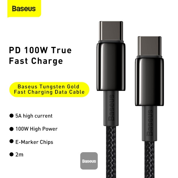Baseus Tungsten Gold 100W Fast Charging Cable Type-C to Type-C 2m Black Nylon Braided