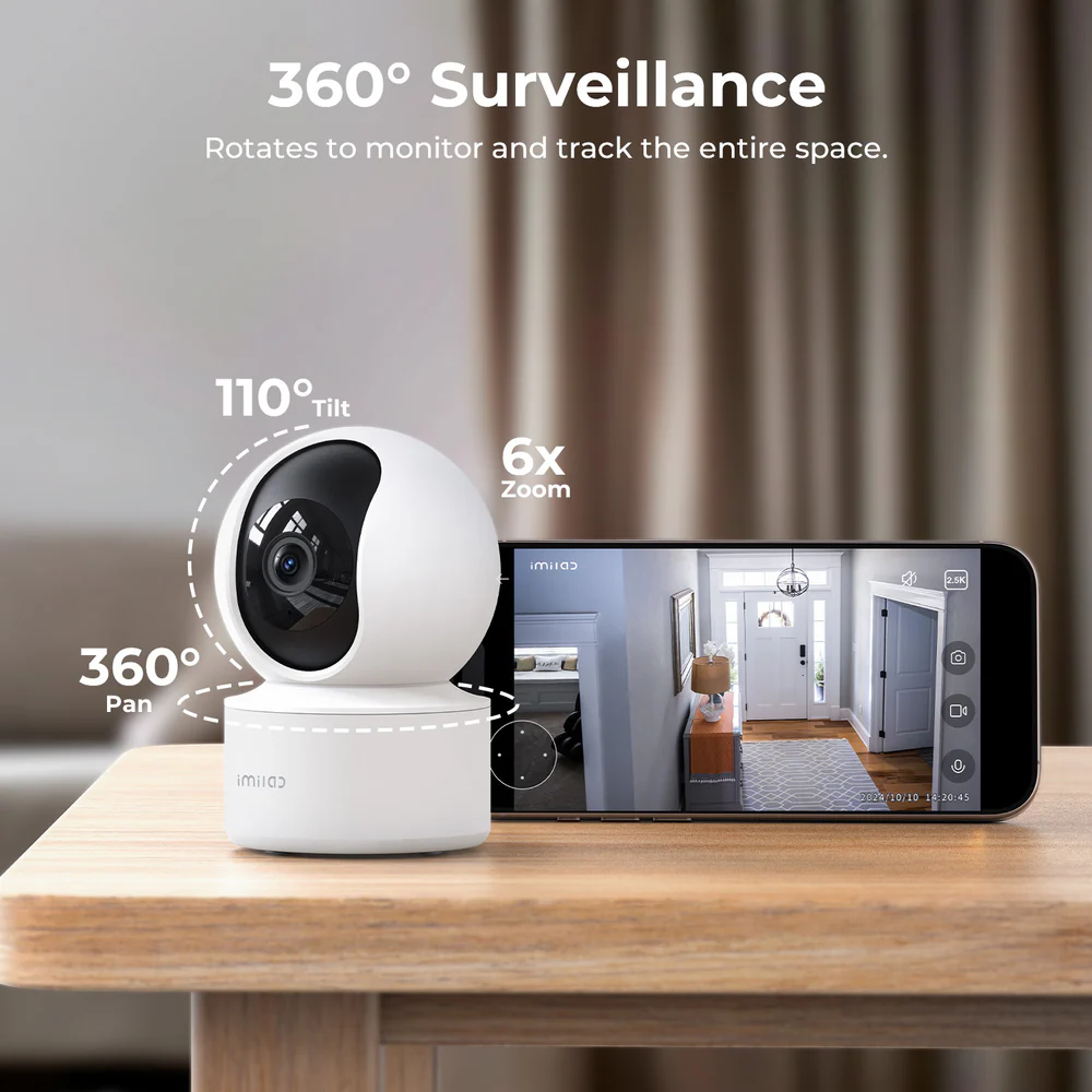IMILAB C21 2.5K Indoor Camera with 360° pan, AI motion tracking, night vision, and two-way audio for smart home security