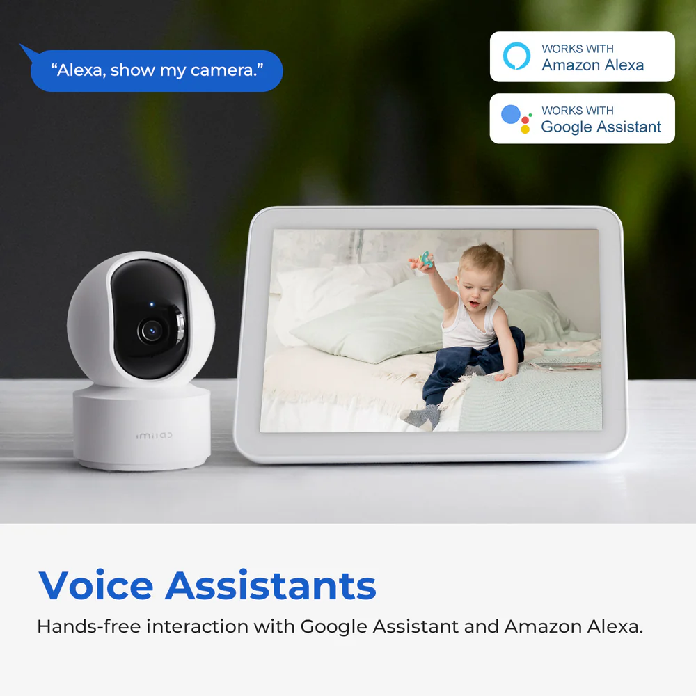IMILAB C21 2.5K Indoor Camera with 360° pan, AI motion tracking, night vision, and two-way audio for smart home security