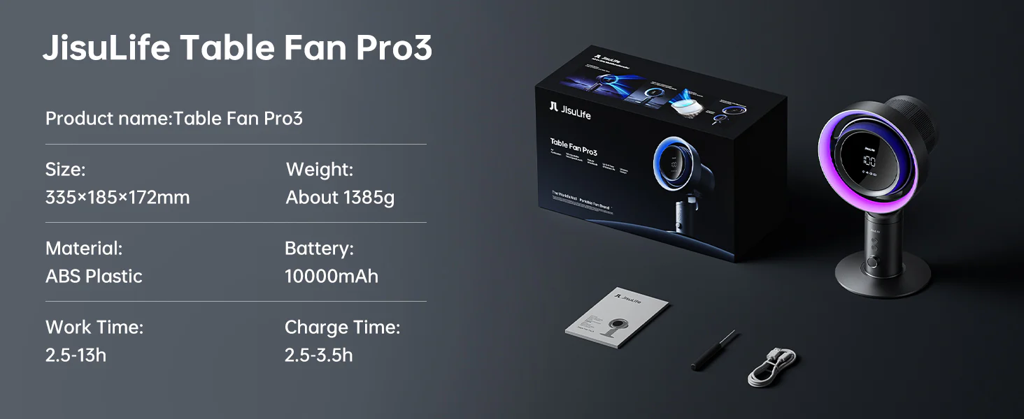JisuLife Table Fan Pro3 turbo desk fan with 7‑color ambient light and 8000 mAh battery