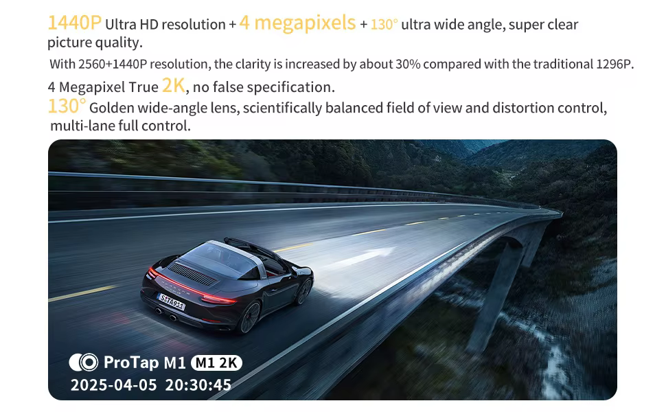 Protap M1 Dash Cam 1440P Car Camera with 130° FOV, Night Vision, and 24H Parking Monitor