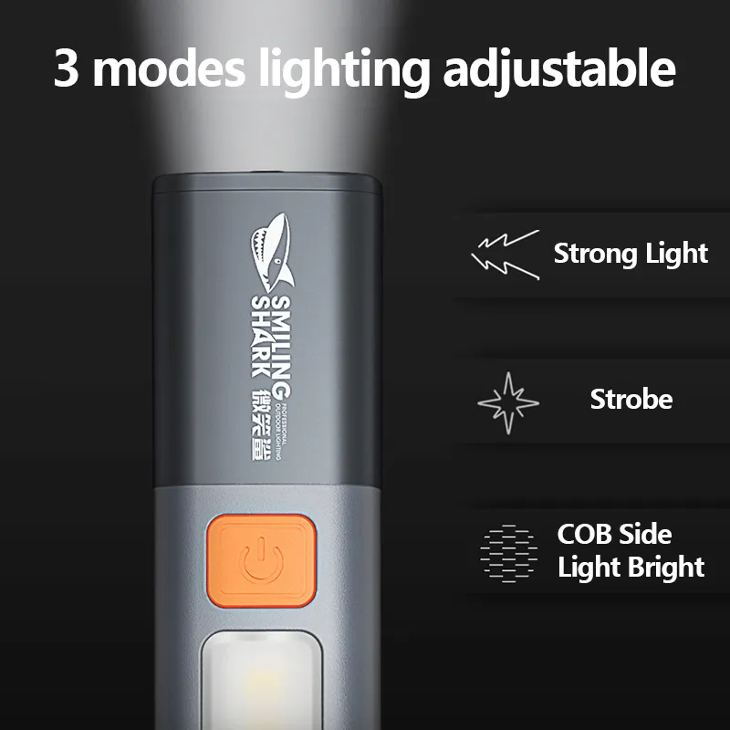 Smiling Shark SD1023 LED Flashlight with hook, USB rechargeable, 3 lighting modes, COB side light, camping-ready torch