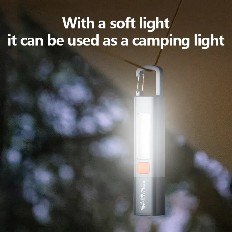 Smiling Shark SD1023 LED Flashlight with hook, USB rechargeable, 3 lighting modes, COB side light, camping-ready torch