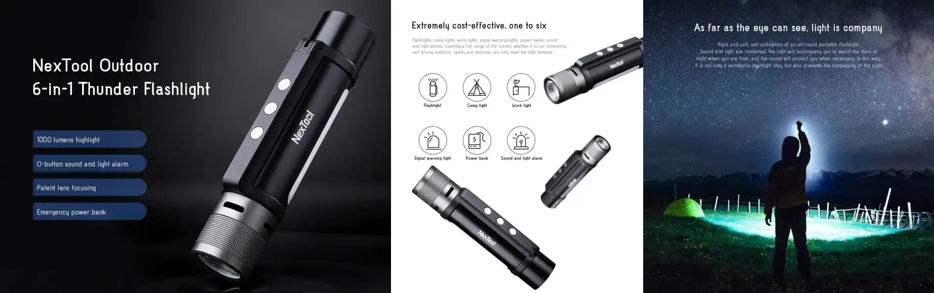 Xiaomi NexTool Outdoor 6 in 1 Thunder Flashlight – 1000 lumen zoomable LED light with USB charging, power bank, emergency siren, and magnetic handle