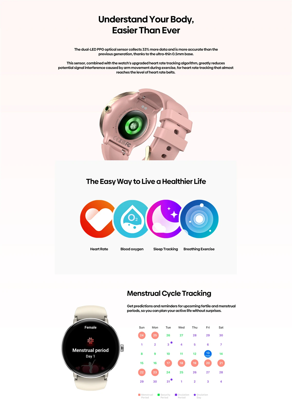 Zeblaze Lily 2 AMOLED women’s smartwatch with dual straps in rose gold

