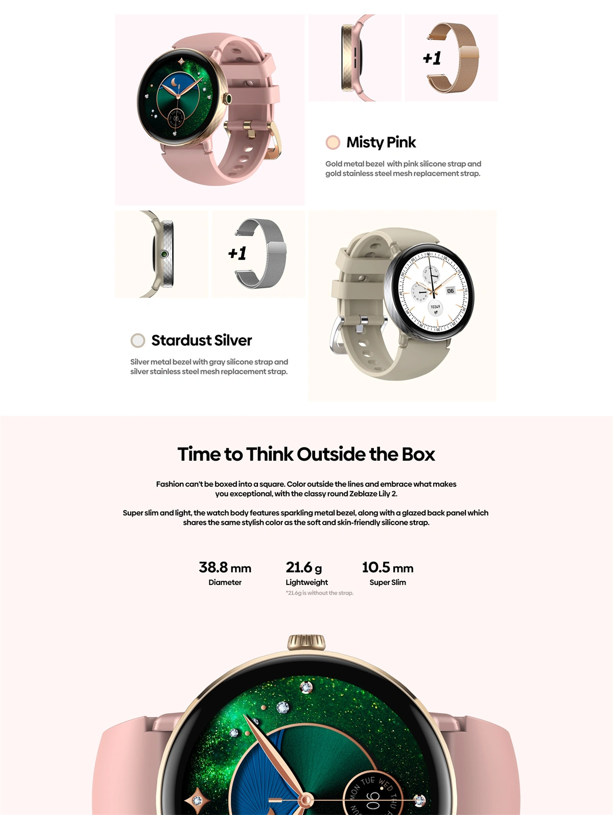 Zeblaze Lily 2 AMOLED women’s smartwatch with dual straps in rose gold
