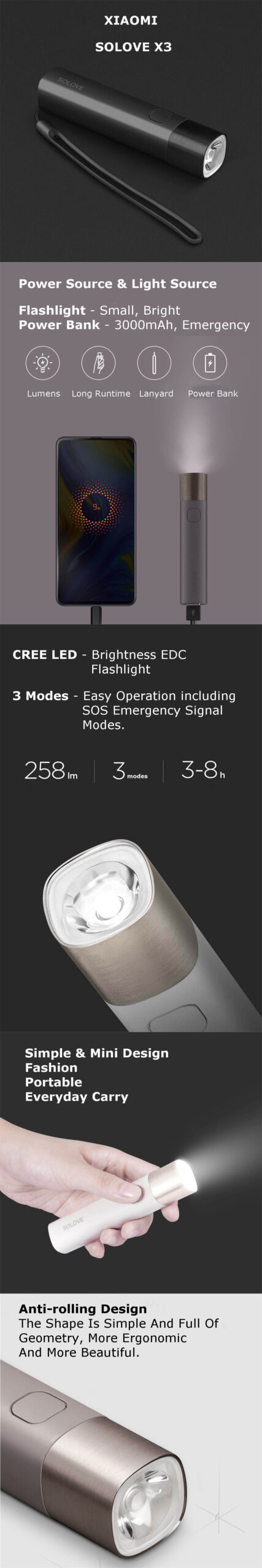 Xiaomi MI SOLOVE X3S Portable LED Flashlight 3000mAh Power Bank with SOS Emergency Light