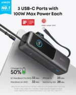 Anker Laptop Power Bank 25K mAh 165W A1695 with Built In Retractable Cables and Smart Display