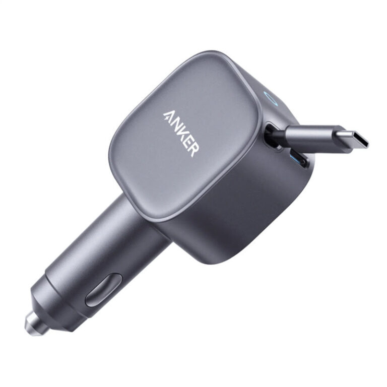 Anker Nano 75W Car Charger A2738 with built in retractable USB C cable and dual USB C ports for fast in car charging laptops phones tablets