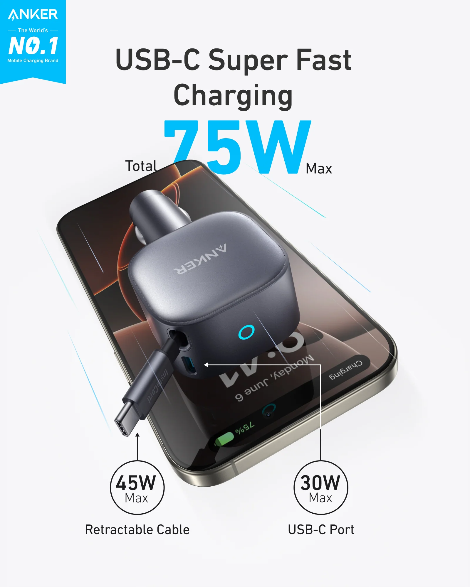 Anker Nano 75W Car Charger A2738 with built in retractable USB C cable and dual USB C ports for fast in car charging laptops phones tablets