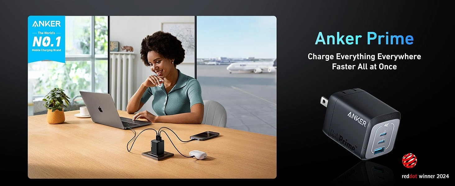 Anker Prime 67W GaN Wall Charger A2669 with 2 USB C and 1 USB A ports for fast charging laptops tablets and smartphones