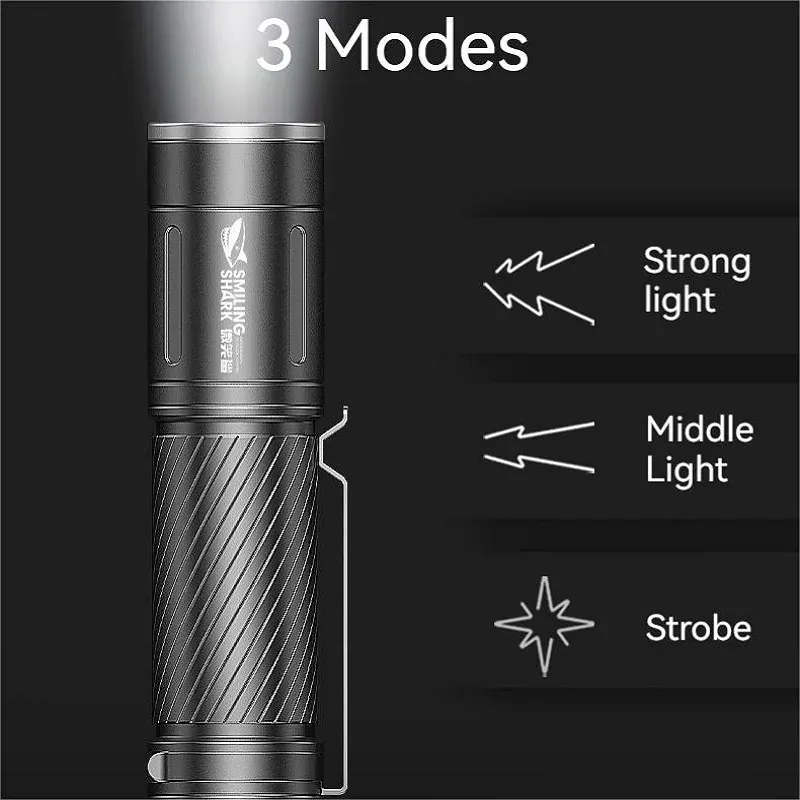 SMILING SHARK SD7115 Flashlight Strong Light Charging Ultra Bright Range Features: Lamp Model:SD-7115 Material: Aluminum alloy Battery: Built-in large capacity Lithium battery. Gears: Modes(Strong light, Middle light,Strobe SOS) Portable Metal Clip Design:SD-7115E Flash light has metal clip design,which is portable and easy to carry. Widely Used: Suitable for yard,garden,barbecue orCamping Hiking and other outdoor activities. Easy to Operate- This light can switch modes by pressing a button (Strong light,Middle light,Strobe,SOS). Waterproof – Flashlight with Waterproof, make this flashlight perfect for using in the raining, snowing,but it can not be used underwater.