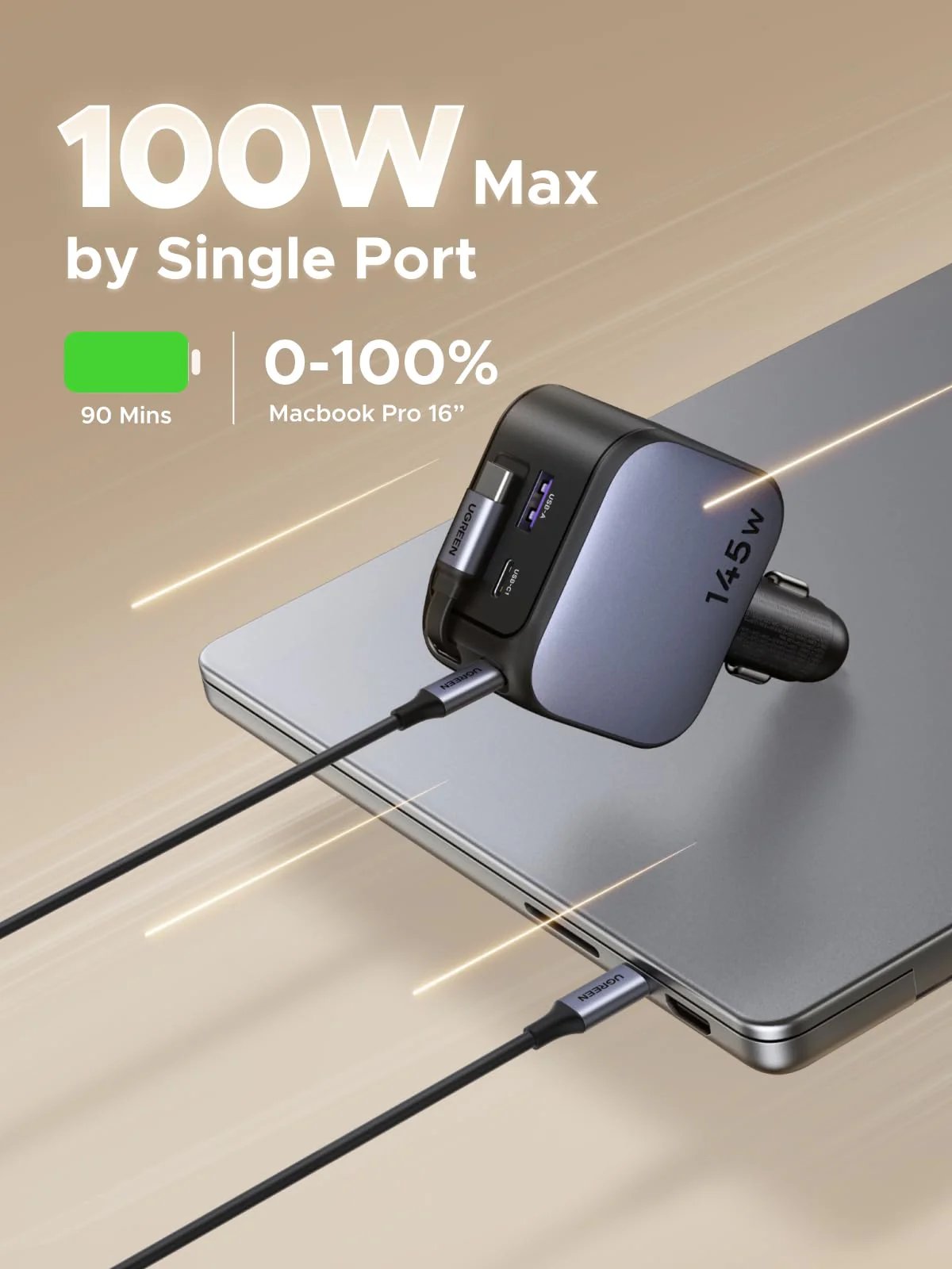 ugreen-145w-retractable-car-charger-ec604-built-in-usb-c-cable-fast-charging