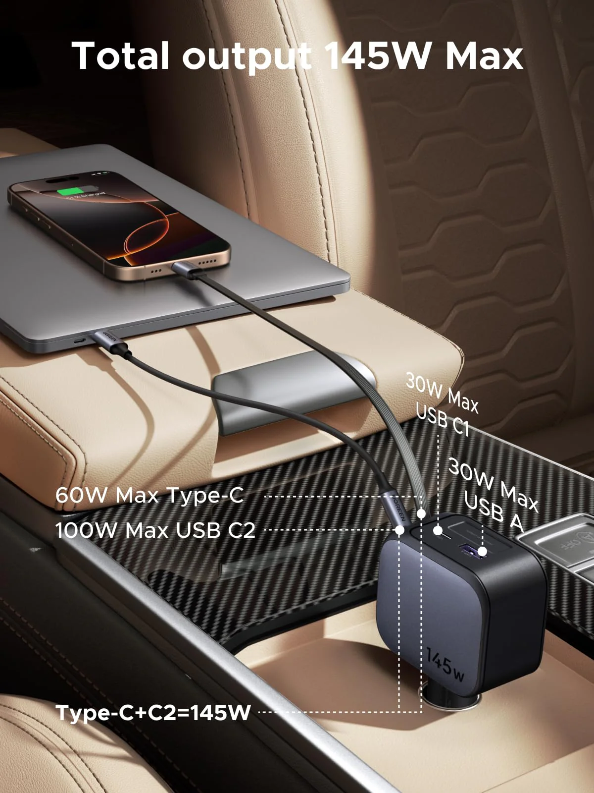 ugreen-145w-retractable-car-charger-ec604-built-in-usb-c-cable-fast-charging