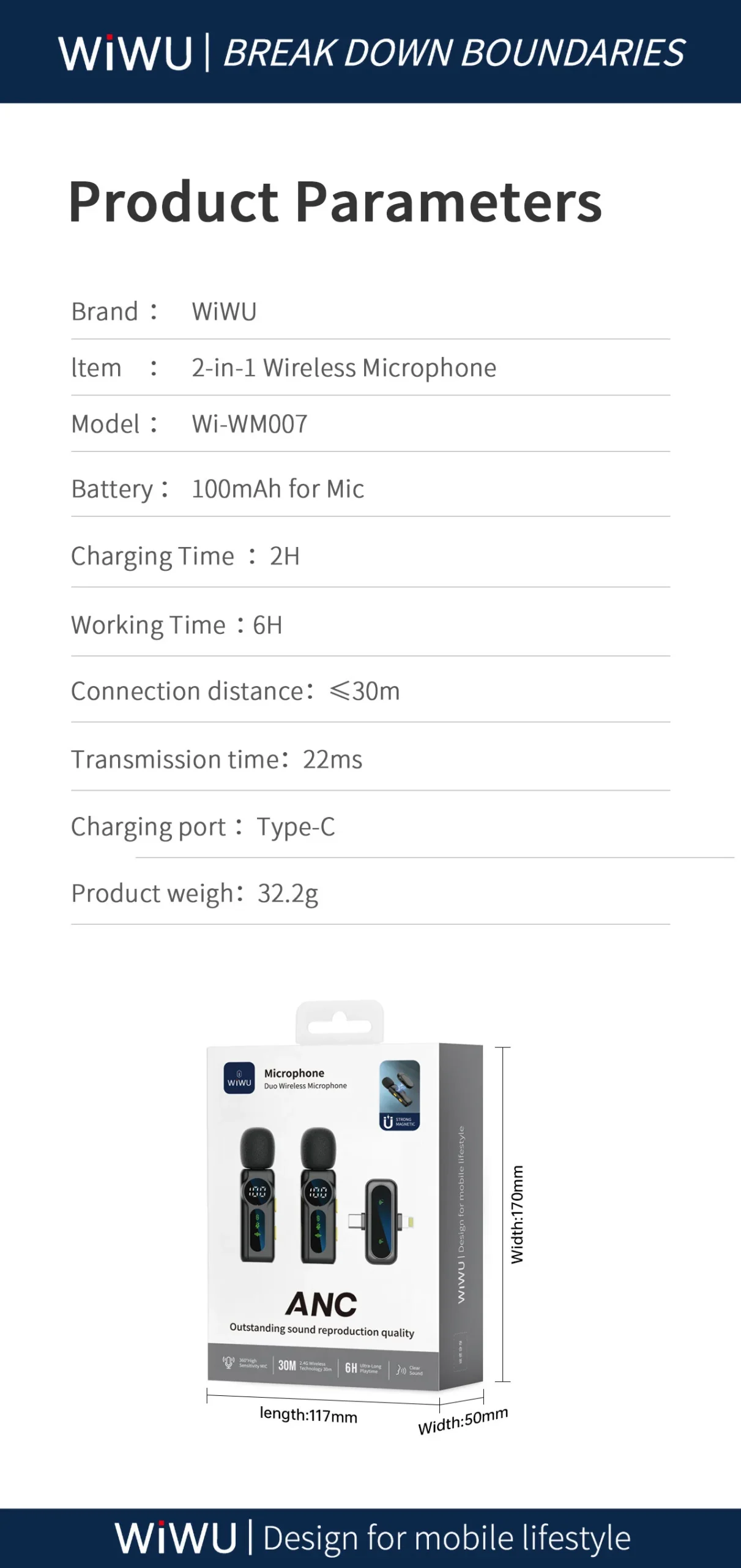 WiWU Dual Wireless Lavalier Microphone Wi-WM007 with Noise Reduction and Dual Receiver