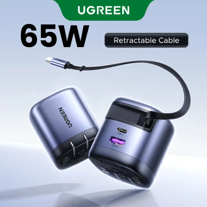 UGREEN Nexode 65W GaN USB C Retractable Charger with built-in cable and 3-port fast charging for iPhone, Samsung, MacBook, Pixel, iPad