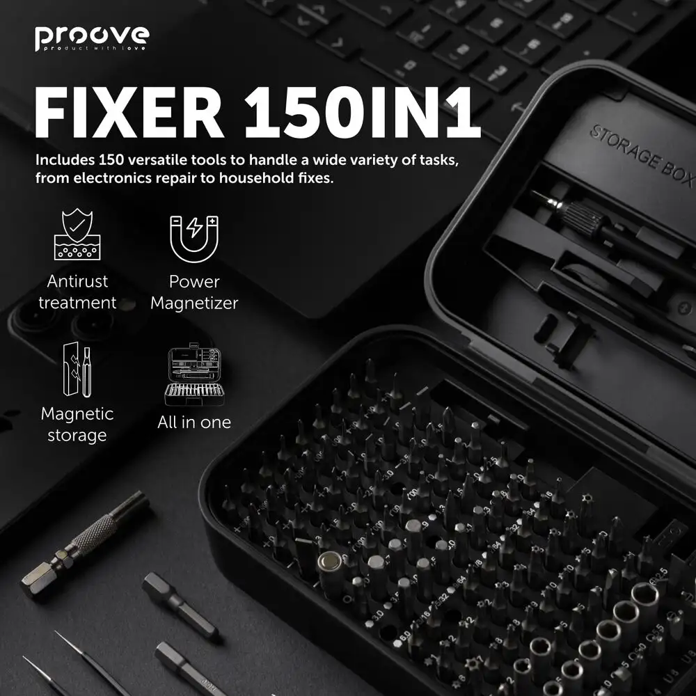 Proove Fixer 150-in-1 Screwdriver Repair Tool Kit Set Black with Chrome-Vanadium Bits and ABS Case