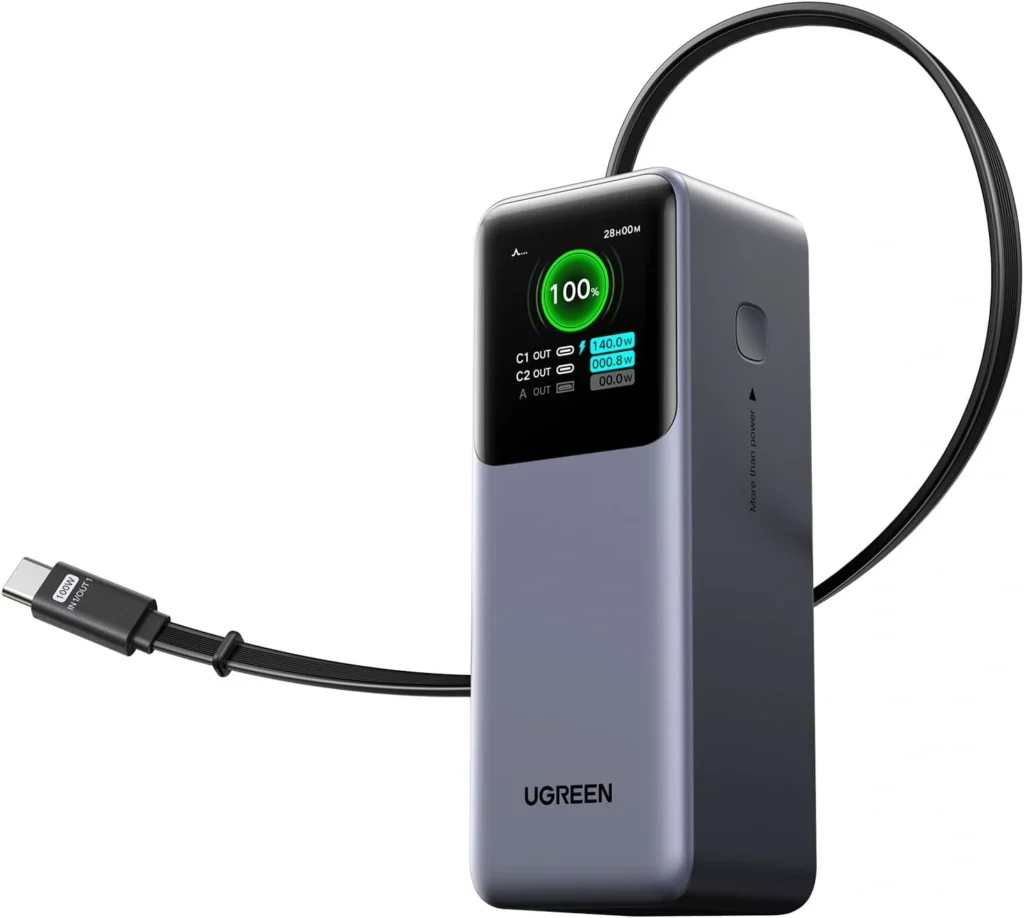 UGREEN Nexode 20000mAh 165W Power Bank with Built-in Retractable USB-C Cable for Laptop and Phone Fast Charging