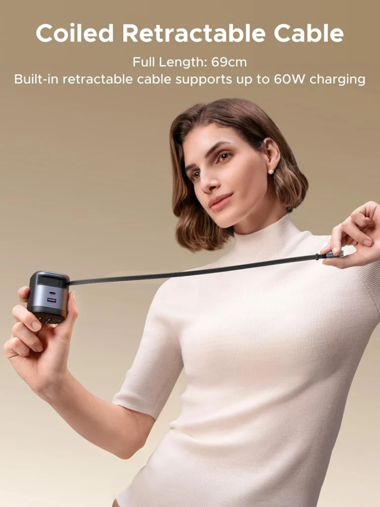 UGREEN Nexode 65W GaN USB C Retractable Charger with built-in cable and 3-port fast charging for iPhone, Samsung, MacBook, Pixel, iPad