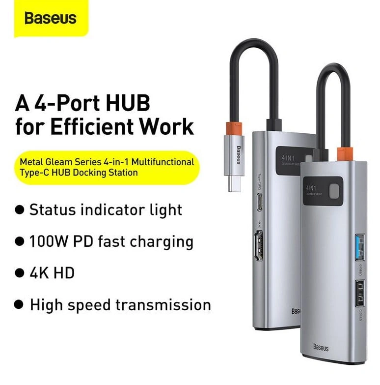 Baseus Metal Gleam Series 4-in-1 Type-C HUB Docking Station 100W PD 4K HDMI CAHUB-CY0G