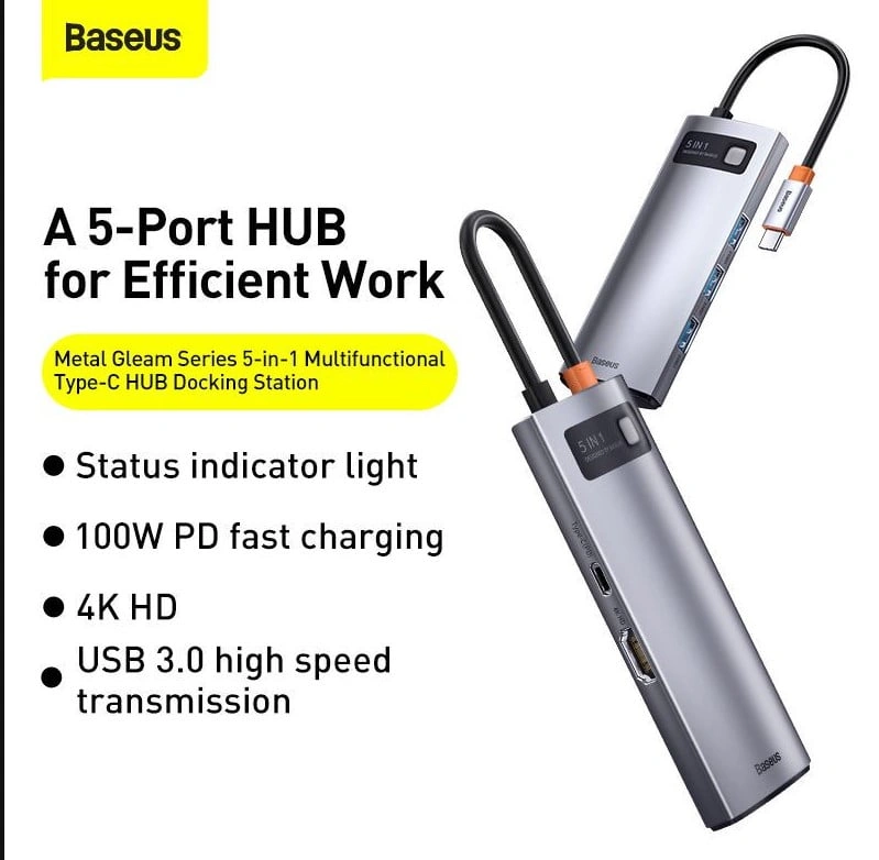 Baseus Metal Gleam Series 5-in-1 Type-C HUB Docking Station 100W PD 4K HDMI Dark Grey CAHUB-CX0G