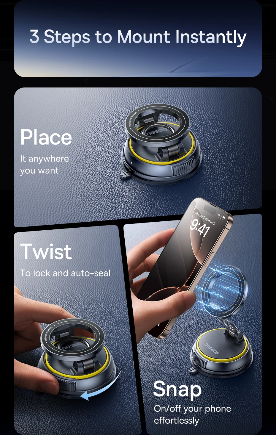 Baseus PrimeTrip VC2 Flex Vacuum Magnetic Car Phone Holder 360° Rotation Stand for iPhone Samsung Xiaomi