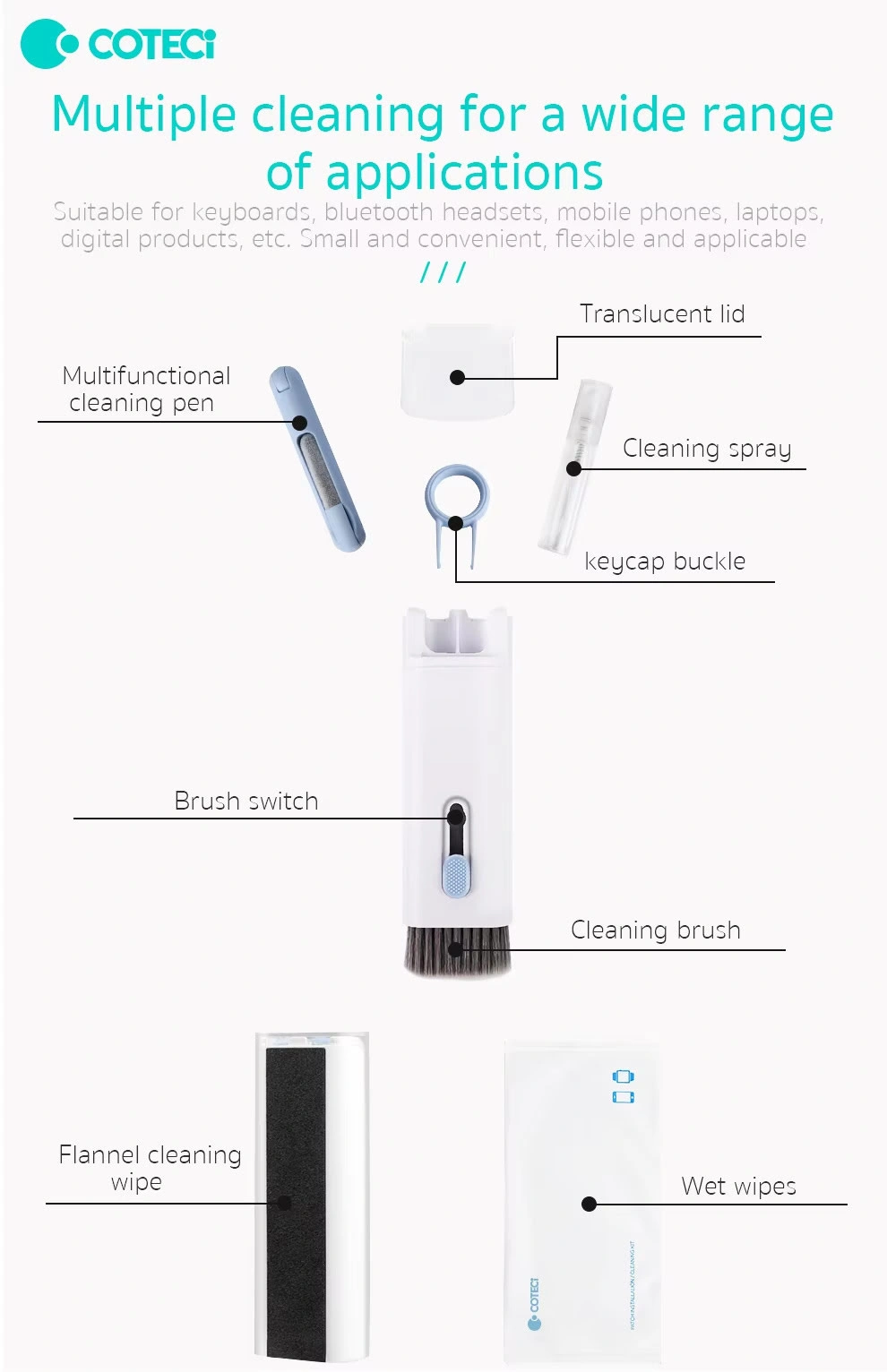COTECi 8-in-1 Multifunction Cleaning Set for Keyboard Laptop and Mobile Devices Model 75002