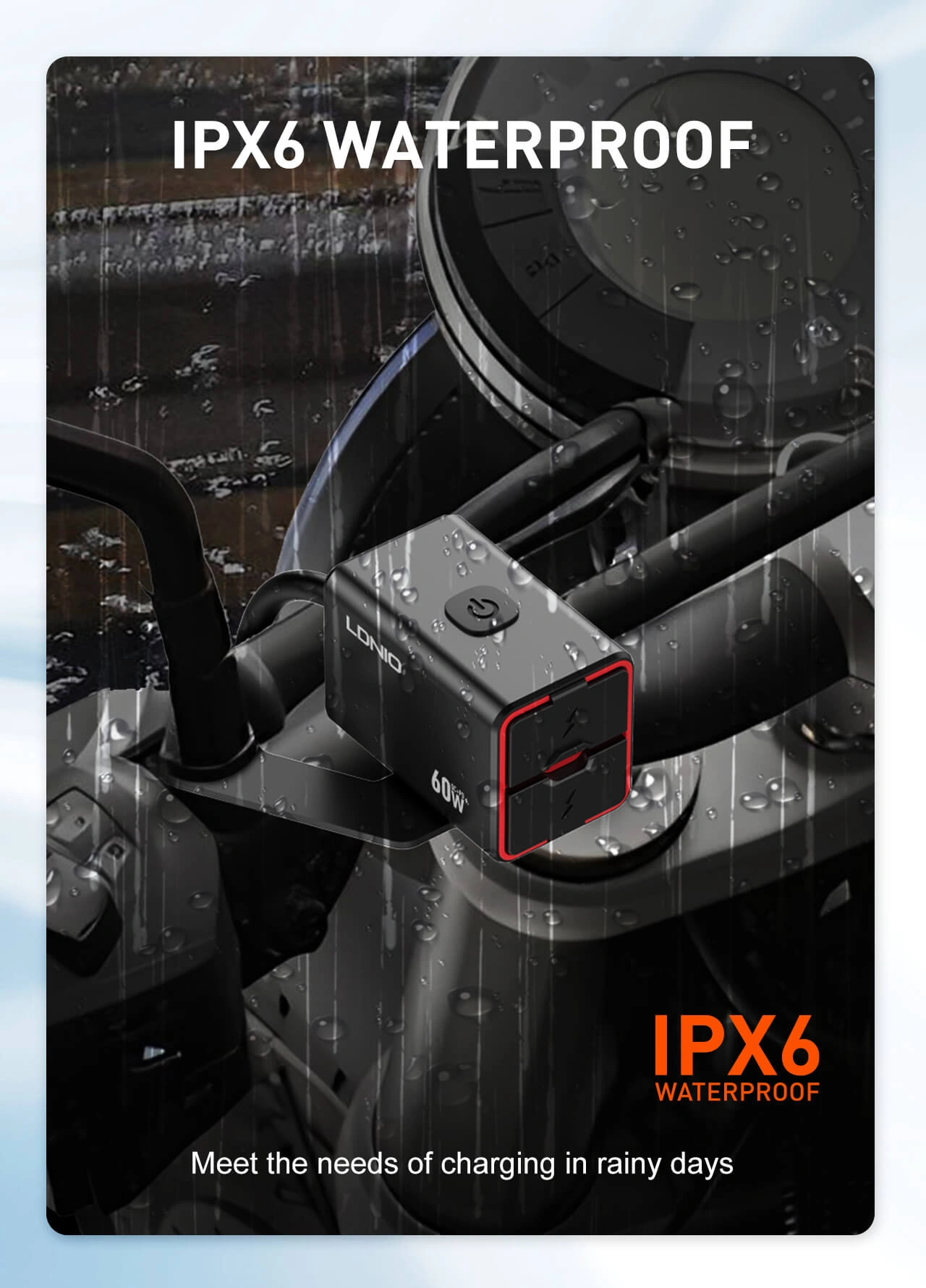 LDNIO C108 60W Super Fast Motorcycle Charger with PD+QC3.0 Dual Ports and IPX6 Waterproof Design