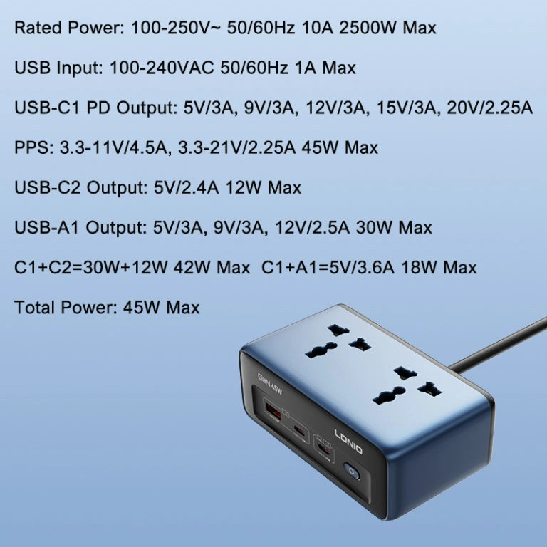LDNIO SC1 45W GaN PD Universal Socket Power Strip 2500W with fast USB-C charging and universal plug design