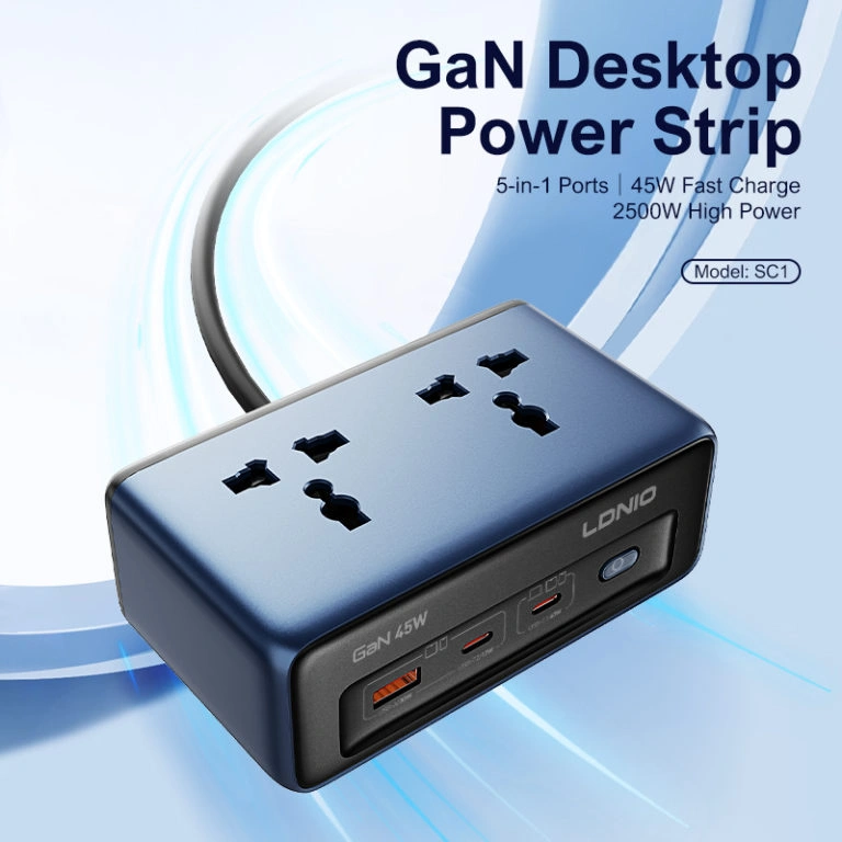 LDNIO SC1 45W GaN PD Universal Socket Power Strip 2500W with fast USB-C charging and universal plug design