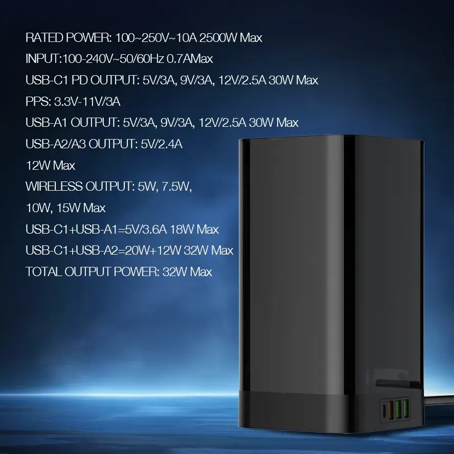 ldnio-sew4485-multiple-2500w-tower-power-strip-32w-usb-output-wireless-charging