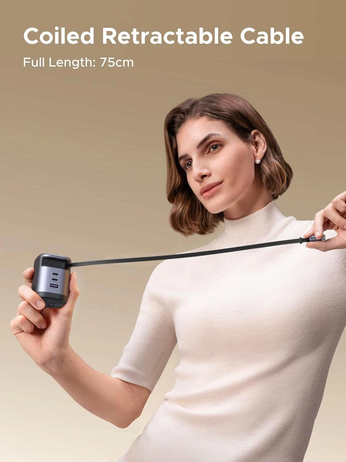 UGREEN Nexode 100W GaN USB C Retractable Charger with Built-in Cable and 3-Port Fast Charging Adapter