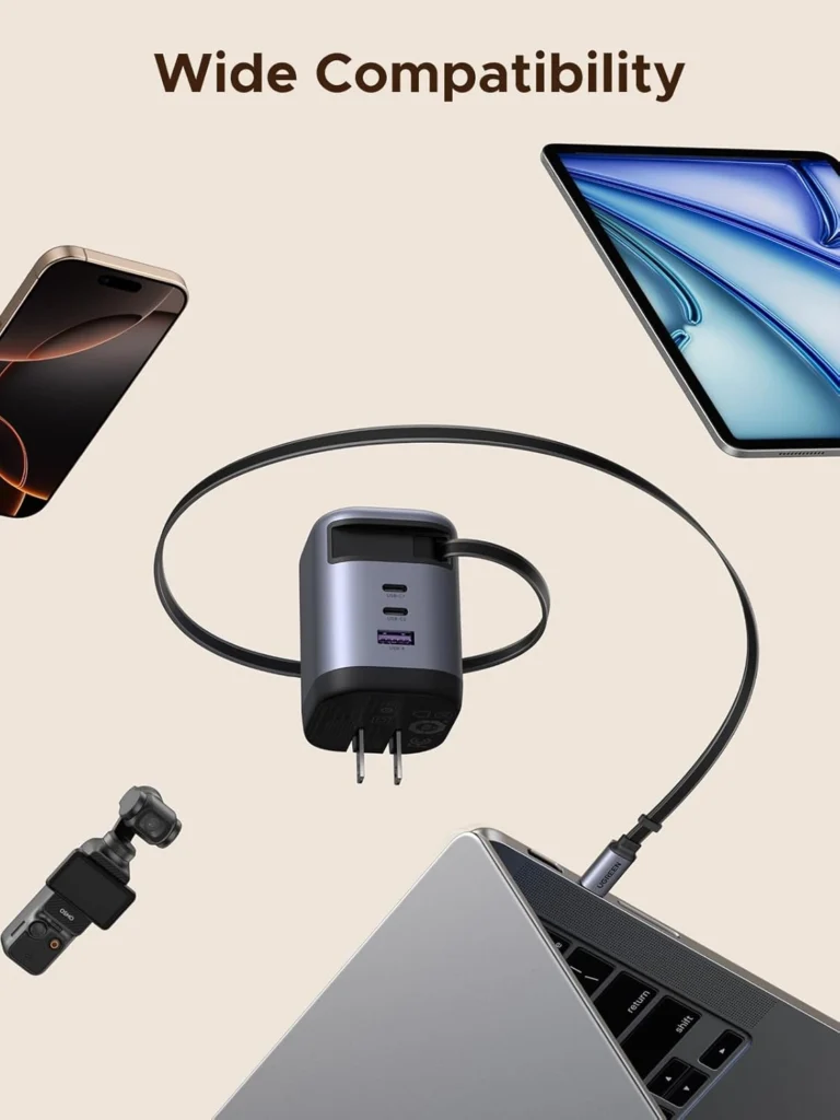 UGREEN Nexode 100W GaN USB C Retractable Charger with Built-in Cable and 3-Port Fast Charging Adapter