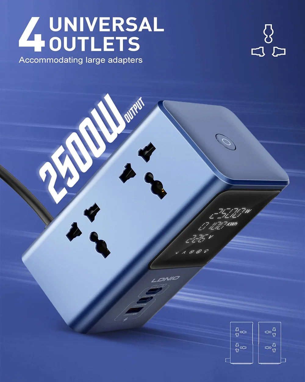 LDNIO SC2 45W PD Charger 2500W Universal Power Strip with Fast USB-C PD Charging and LED