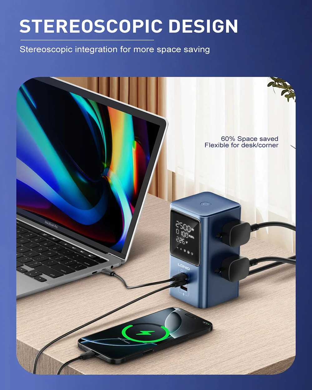 LDNIO SC2 45W PD Charger 2500W Universal Power Strip with Fast USB-C PD Charging and LED