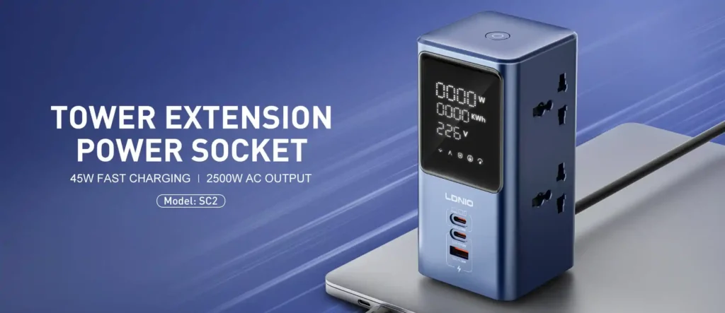 LDNIO SC2 45W PD Charger 2500W Universal Power Strip with Fast USB-C PD Charging and LED