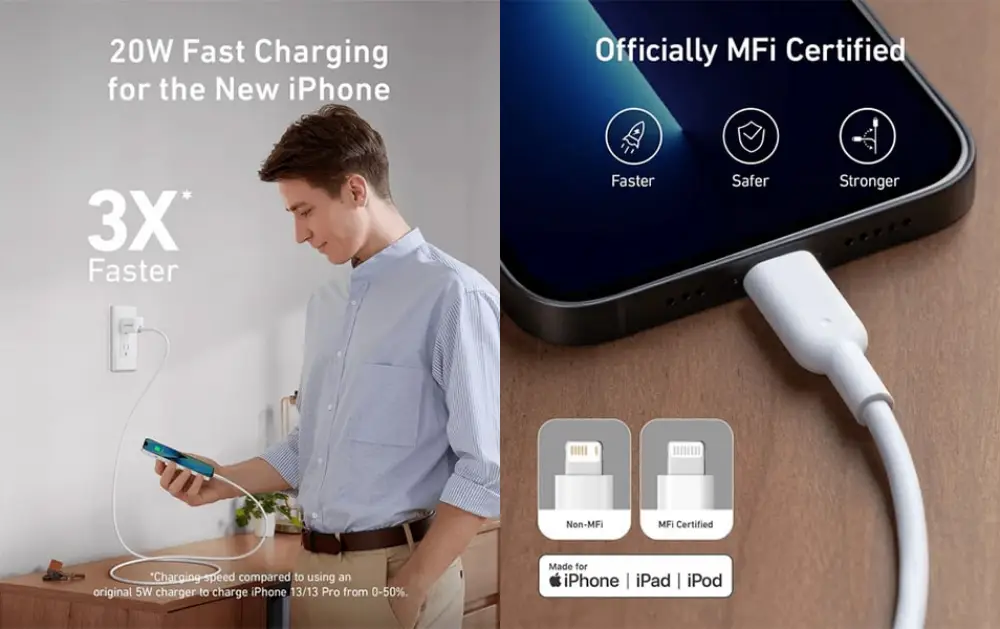 Anker PowerPort III 20W Cube PD Charger with USB-C to Lightning Cable (B2149) Features: Power up the iPhone 13 series to 50% in less than half an hour—that’s 3x faster compared to an original 5W charger. Easily carry PowerPort III 20W Cube with you thanks to the compact design. Equipped with a wide range of safety features including temperature control and current regulation to protect your connected devices. Charger with you wherever you go and Charge phones, tablets, earbuds, and more. More Specifications: Product Name: Anker 20W Wall Charger Charging Ports: USB-C Cable Power: 20W Input: 100-240V~0.6A 50-60Hz Output: 5V=3A / 9V=2.22A Main Feature: PowerIQ 3.0