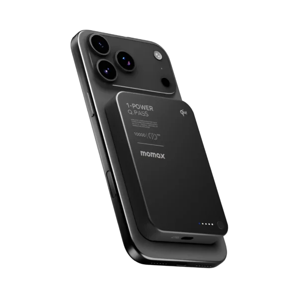 Momax Qi2 magnetic wireless power bank securely attached to MagSafe iPhone