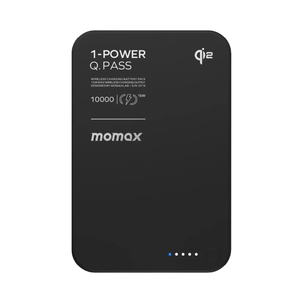 Momax Qi2 magnetic wireless power bank securely attached to MagSafe iPhone
