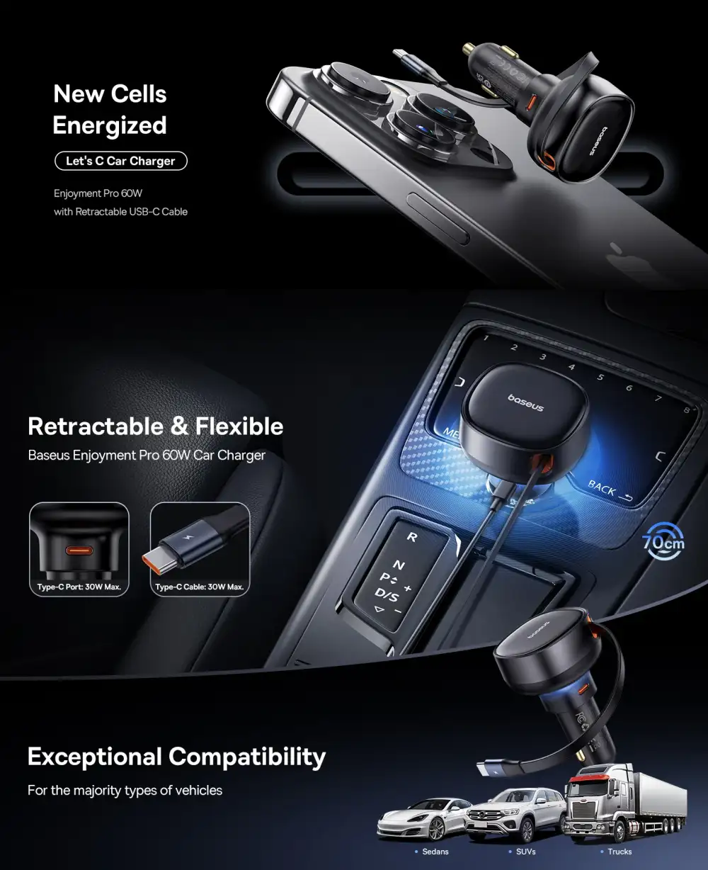 Baseus Enjoyment Pro Retractable USB-C Car Charger 60W